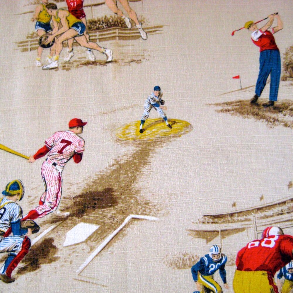 Mid Century Modern Vintage Barkcloth Fabric Sports Themed NOT a Reproduction New